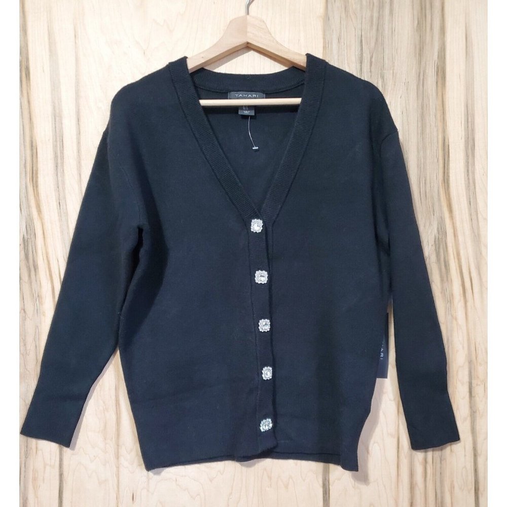 Tahari Black Faux Diamond Button Front Cardigan Womens Size XS Heavyweight NWT